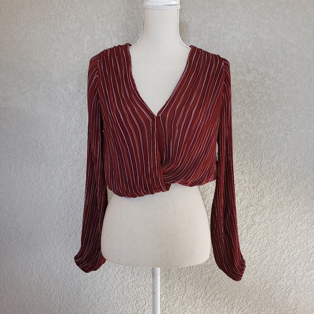 Astr Rust Red Striped Surplice Blouse